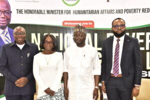 From left: Director, Social Development, Ministry of Humanitarian Affairs and Poverty Reduction, Mr Valentine Ezulu; Country Director, Innovations for Poverty Action (IPA), Funmilayo Ayeni; Minister of Humanitarian Affairs and Poverty Reduction, Dr Bernard Doro and Associate Director, Policy, IPA, Henry Chukwu during the National Poverty Intelligence Lab workshop in Abuja, Tuesday.