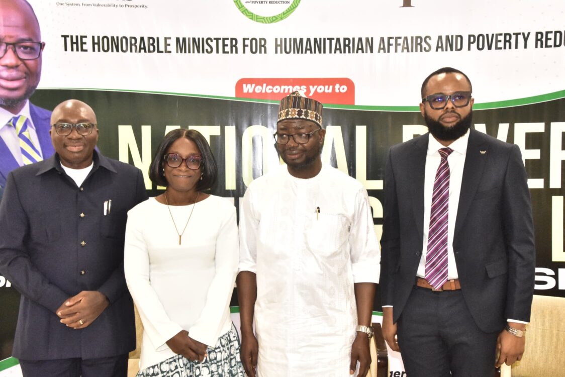 From left: Director, Social Development, Ministry of Humanitarian Affairs and Poverty Reduction, Mr Valentine Ezulu; Country Director, Innovations for Poverty Action (IPA), Funmilayo Ayeni; Minister of Humanitarian Affairs and Poverty Reduction, Dr Bernard Doro and Associate Director, Policy, IPA, Henry Chukwu during the National Poverty Intelligence Lab workshop in Abuja, Tuesday.