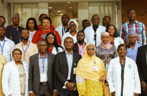 Front row (R-L): Head, Health Services Unit, Nigerian Maritime Administration and Safety Agency, NIMASA; Dr. Kafilat Eniafe; Director, Administration and Human Resources, NIMASA; Mrs. Moji A. Jimoh, Head, Special Duties NIMASA, Engr. Patrick Eigbe; Deputy Director, Special Duties, NIMASA; Mr. Fidelis Owoh and Deputy Director Health Services Unit, NIMASA; Mrs. Abiodun Anthonia in a group photograph with the team from Gambia Maritime Administration, GMA and staff of NIMASA, during a four-day study tour of the delegation from Gambia Maritime Administration to NIMASA
