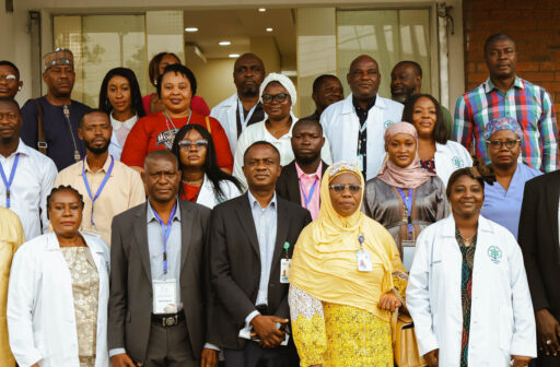 Front row (R-L): Head, Health Services Unit, Nigerian Maritime Administration and Safety Agency, NIMASA; Dr. Kafilat Eniafe; Director, Administration and Human Resources, NIMASA; Mrs. Moji A. Jimoh, Head, Special Duties NIMASA, Engr. Patrick Eigbe; Deputy Director, Special Duties, NIMASA; Mr. Fidelis Owoh and Deputy Director Health Services Unit, NIMASA; Mrs. Abiodun Anthonia in a group photograph with the team from Gambia Maritime Administration, GMA and staff of NIMASA, during a four-day study tour of the delegation from Gambia Maritime Administration to NIMASA