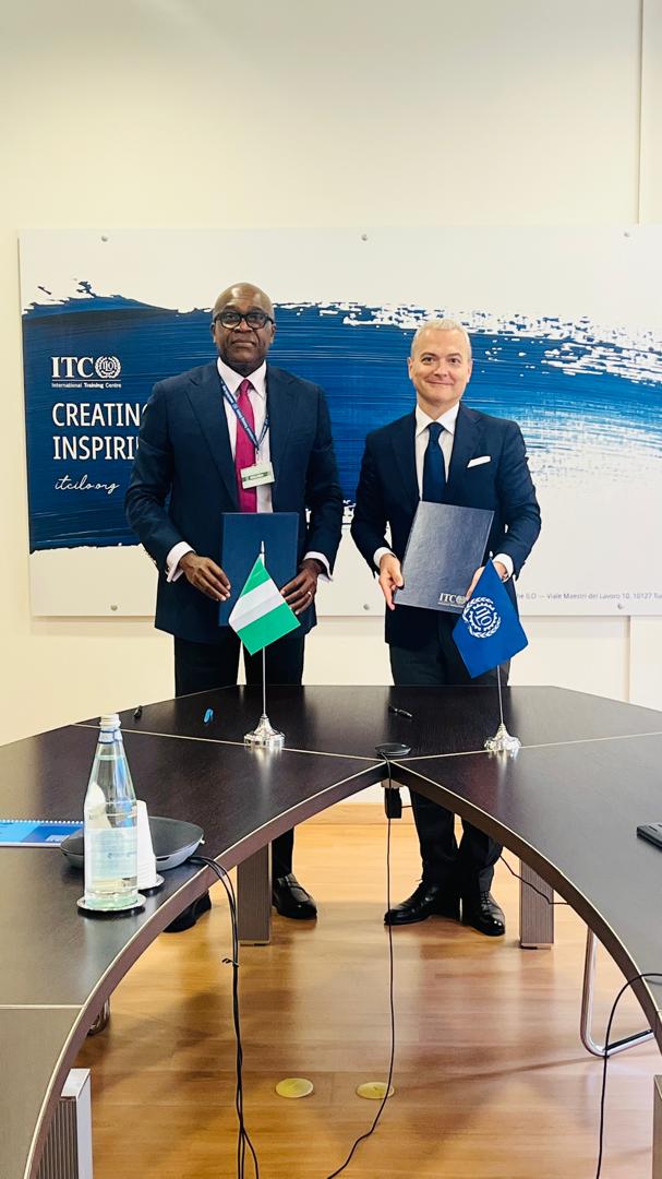 Executive Director, Finance and Administration, NIMASA, Mr. Chudi Offodile and Director and Head of ITCILO; Christopher Perrin; during the signing of a Memorandum of Understanding (MoU) with the International Training Centre of the International Labour Organization (ITCILO), Turin, Italy on capacity development and Maritime Labour Curriculum development.