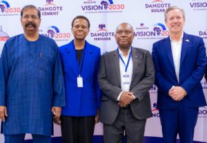 Group Vice President, Oil & Gas, Dangote Industries Limited, Devakumar Edwin; Chairman, Stanbic IBTC Holdings, Sola David Borha; Chief Executive Officer, Standard Bank Group, Sim Tshabalala; Managing Director/Chief Executive Officer, Dangote Petroleum Refinery & Petrochemicals, David Bird; and Chief Executive, Stanbic IBTC Holdings, Chuma Nwokocha, during a strategic visit by Standard Bank Group executives to the Dangote Petroleum Refinery and Dangote Fertiliser complex in Ibeju Lekki, Lagos.