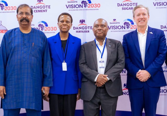 Group Vice President, Oil & Gas, Dangote Industries Limited, Devakumar Edwin; Chairman, Stanbic IBTC Holdings, Sola David Borha; Chief Executive Officer, Standard Bank Group, Sim Tshabalala; Managing Director/Chief Executive Officer, Dangote Petroleum Refinery & Petrochemicals, David Bird; and Chief Executive, Stanbic IBTC Holdings, Chuma Nwokocha, during a strategic visit by Standard Bank Group executives to the Dangote Petroleum Refinery and Dangote Fertiliser complex in Ibeju Lekki, Lagos.