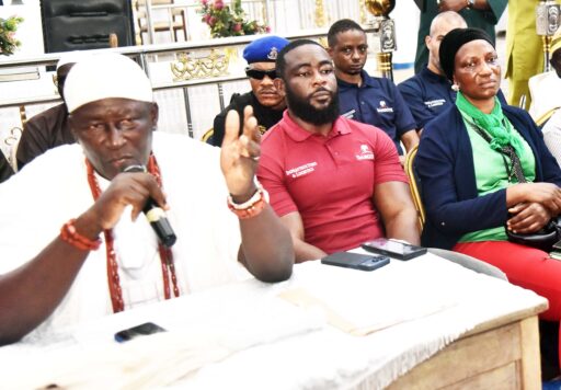 L-R: Alara of Araromi Seaside Kingdom, HRM Oba Adeoloye Olawole; Managing Director, Infrastructure & Logistics, Dangote industries Limited, Capt. Jamil Abubakar, and Director of Assessment, Federal Ministry of Environment Abuja, Mrs. Rofikat Adebukunola Odetoro; at the Community Engagement in presence of government officials on the environmental, social impact of the proposed Dangote Industrial City/ Deep Seaport project at Araromi Seaside Kingdom, Ilaje Local Government Area, Ondo State on Tuesday 30 June 2026