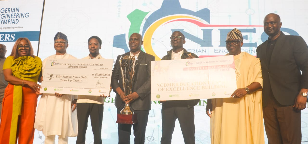 (L-R): Alexis Emelle, General Manager, Human Capital Development, Nigerian Content Development & Monitoring Board (NCDMB); Silas Omomehin Ajimijaye, Director, Planning Research & Statistics (NCDMB); Smart Sharon; Dr David Patrick; Abel Philip, winner of Nigerian Engineering Olympiad (NEO) from Modibbo Adama University of Technology, Adamawa State; Engr Abayomi Bamidele, Director, Project Certification and Authorization (NCDMB); and Engr Michael Ajayi, Country Director, Enactus Nigeria at the 2026 Nigerian Engineering Olympiad (NEO) Competition Grand Finale held in Lagos on 30th of June 2026 at Eko Hotel Victoria Island Lagos