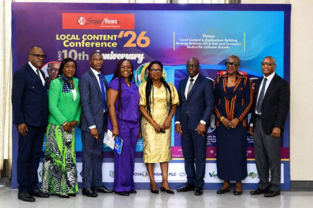 L-R: Managing Director/CEO, Guinea Insurance Plc, Mr. Ademola Abidogun; Deputy President, Nigerian Council of Registered Insurance Brokers (NCRIB), Mrs Olufunke Adenusi; Executive Director, Operations, Veritas Kapital Assurance Plc, Mr. Sunkanmi Adekeye; Managing Director, Deepshores Energy Limited, Mrs. Nneka Obi; Ngozi Onyeakusi, Publisher, SUPERNEWS; GeneralManager, Marketing, Universal Insurance Plc, Mr. Tunji Oyebajo; Group Managing Director/CEO, Royal Exchange Plc, Mrs. Idu Okeahialam; and Professor Olajide Fadun, Department of Insurance and Actuarial Science, University of Lagos at the 2026 SUPERNEWS Conference and 10th anniversary held in Oriental Hotel, Lekki Road, Lagos, on Tuesday, July 7, 2026.