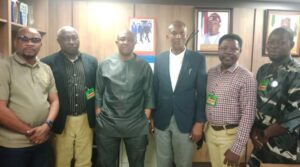 L-R Alfred Omenihu, Financial Secretary, LOD Onyeji, General Secretary, Mr Ikechukwu Onyemekara, General Manager Corporate and Strategic Communications Nigerian Ports Authority, Mr. Udo Onyeka, President, Dili Utomi and Adewale Olowoporoku, Assistant General Secretary during a courtesy call by CONMMEP to the NPA head office, Marina Lagos on Friday.