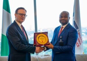 L-R : Outgoing British High Commissioner to Nigeria, Richard Montgomery and the Executive Chairman, Nigeria Revenue Service (NRS), Dr Zacch Adedeji, during Montgomery's Farewell visit to Adedeji at the NRS Nnew Headquarters in  Abuja, on Tuesday