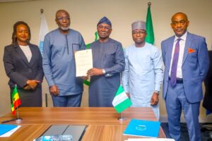 L-R: Ag. Director, Legal Division, Ghana Maritime Authority (GMA), Ms. Georgina Nyadia; Director General, GMA Dr. Kamal-Deen Ali; Director General, Nigerian Maritime Administration and Safety Agency, NIMASA, Dr. Dayo Mobereola; Executive Director, Maritime Labour and Cabotage Services, NIMASA, Mr. Jibril Abba; Director, Legal Services Department, NIMASA, Mr. Heaky Dimowo at the signing of the Memorandum of Understanding (MoU) between NIMASA and the GMA at the headquarters of NIMASA in Lagos.