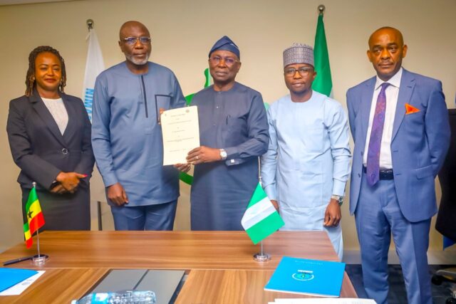 L-R: Ag. Director, Legal Division, Ghana Maritime Authority (GMA), Ms. Georgina Nyadia; Director General, GMA Dr. Kamal-Deen Ali; Director General, Nigerian Maritime Administration and Safety Agency, NIMASA, Dr. Dayo Mobereola; Executive Director, Maritime Labour and Cabotage Services, NIMASA, Mr. Jibril Abba; Director, Legal Services Department, NIMASA, Mr. Heaky Dimowo at the signing of the Memorandum of Understanding (MoU) between NIMASA and the GMA at the headquarters of NIMASA in Lagos.