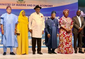 L-R: Chairman, Senate Committee on Marine Transport, Senator Wasiu Sanni Eshinlokun; Permanent Secretary, Federal Ministry of Marine and Blue Economy; Mrs. Fatima Mahmood; Executive Governor of Bayelsa State, Senator Douye Diri; Minister of Marine and Blue Economy; Dr. Adegboyega Oyetola; Deputy Governor of Akwa Ibom State; Senator (Dr.) Akon Eyakenyi and Director General, Nigerian Maritime Administration and Safety Agency, Dr Dayo Mobereola, at the Second Quarter 2026 Citizens’ and Stakeholders’ Engagement of the Federal Ministry of Marine and Blue Economy held at Eko Hotel and Suites, Victoria Island, Lagos on Thursday.