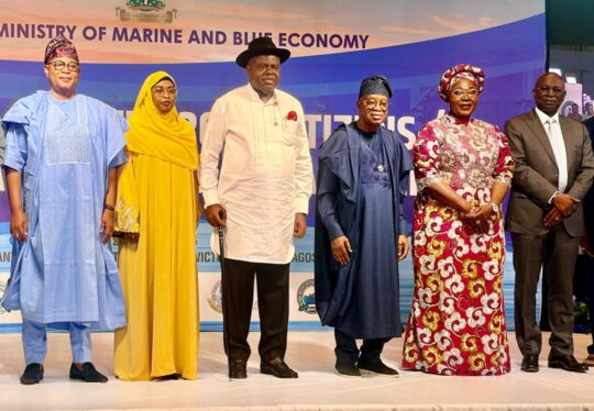 L-R: Chairman, Senate Committee on Marine Transport, Senator Wasiu Sanni Eshinlokun; Permanent Secretary, Federal Ministry of Marine and Blue Economy; Mrs. Fatima Mahmood; Executive Governor of Bayelsa State, Senator Douye Diri; Minister of Marine and Blue Economy; Dr. Adegboyega Oyetola; Deputy Governor of Akwa Ibom State; Senator (Dr.) Akon Eyakenyi and Director General, Nigerian Maritime Administration and Safety Agency, Dr Dayo Mobereola, at the Second Quarter 2026 Citizens’ and Stakeholders’ Engagement of the Federal Ministry of Marine and Blue Economy held at Eko Hotel and Suites, Victoria Island, Lagos on Thursday.