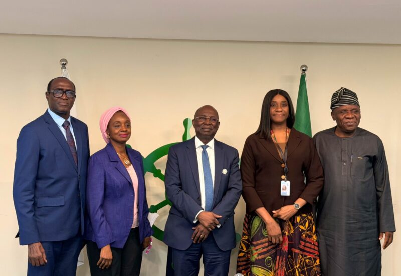 L- R : CEO, Natural Eco Capital Limited, Dr. Eugene Itua, Director, Planning Research and Data Mgt. Services Dept., Mrs Aishatu Jidda, DG, Dr. Dayo Mobereola, Director, Marine Environment Mgt Dept., Dr. Oma Ofodile, and Executive Director, Operations, Engr. Fatai Adeyemi, all of NIMASA.