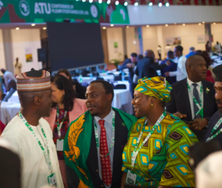 Executive Vice Chairman of the Nigerian Communications Commission, NCC, Dr Aminu Maida and the Executive Commissioner Stakeholder Management, NCC, Barr. Rimini Makama, congratulating Engr. Kezias Kazuba Mwale of Zambia (middle) as the newly elected Secretary General of the African Telecommunications Union, ATU, at the 7th Ordinary Session of the ATU Conference of Plenipotentiaries held in Abuja, Nigeria on 24th July 2026.