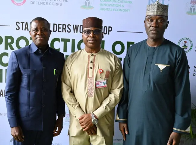 L - R: Rafiu Adeladan, Permanent Secretary, Federal Ministry of Works; Air Vice Marshal Effiom Ewa, Director, Directorate of Critical National Assets and Infrastructure Protection (DCNAIP), Office of the National Security Adviser (ONSA); Dr. Aminu Maida, Executive Vice Chairman/CEO, Nigerian Communications Commission (NCC); during the Stakeholders’ Workshop for the Protection of Fibre Optic Cables During Road Construction, held on 11 August 2026 at the National Counter Terrorism Centre, Office of the National Security Adviser, Abuja.
