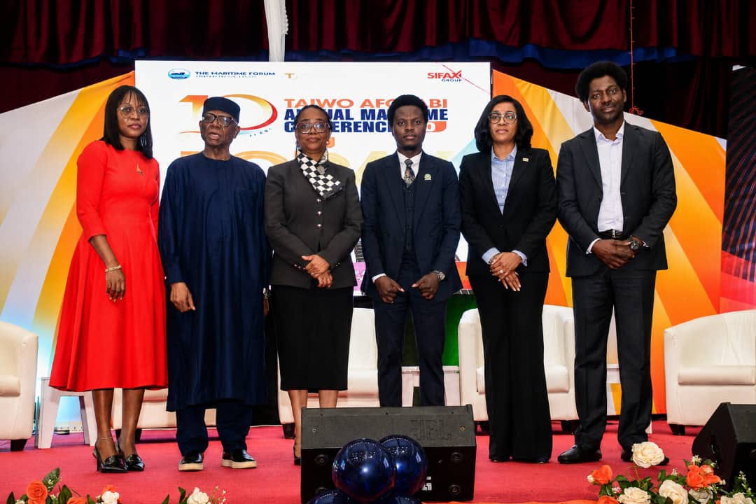 Director, Reforms Coordination and Blue Economy, Nigerian Maritime Administration and Safety Agency, NIMASA, and Representative of DG NIMASA, Mrs. Nneka Obianyor (3rd from left) and some participants in a photograph at the 10th Taiwo Afolabi Annual Maritime (TAAM) Lecture at the University of Lagos.