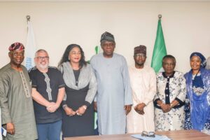 L-R: Chairman, Management Committee of Mission to Seafarers (MtS) Lagos, Chief Adebayo Sarumi, OON; Regional Director, Mission to Seafarers Africa, Reverend Cedric Rautenbach; Dr. Mrs Yetunde Akinluyi; Executive Director Operation, Nigerian Maritime Administration and Safety Agency NIMASA Engr. Fatai Adeyemi; and Executive Director, Maritime Labour & Cabotage Services, NIMASA, Mr. Jibril Abba, Barr. Funmi Folorunsho and Deputy Director Maritime Labour Services, NIMASA, Hajia Hadiza Maina; during a courtesy visit by the Chairman, Management Committee, Mission to Seafarers, Lagos to the headquarters of NIMASA in Lagos