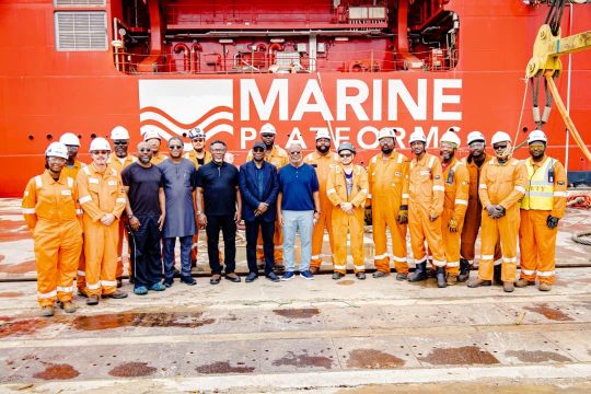 DG/CEO NIMASA; Dr Dayo Mobereola (middle) in a group photograph with seafarers on board the African Pioneer Lagos vessel.