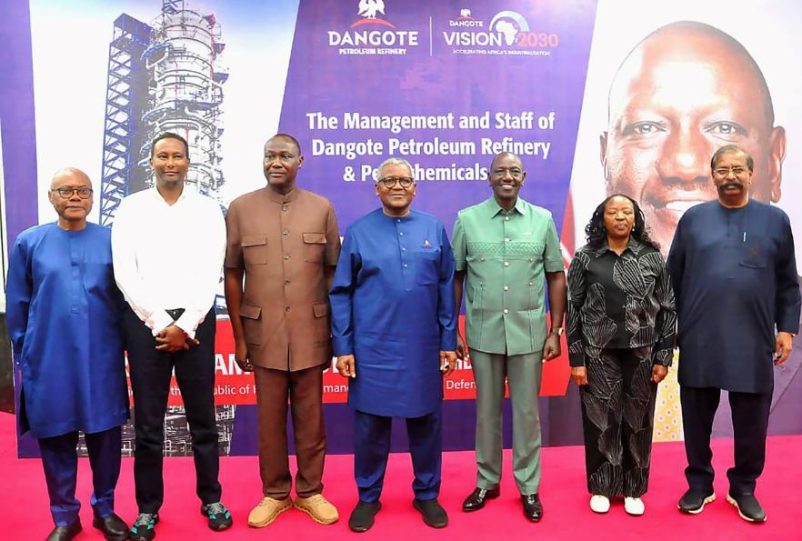 L-R, Group Vice President, Business Units, Dangote Industries Limited, Olakunle Alake; Economic Adviser to the President of Kenya, Mohammed Hassan; President & CEO, Africa Finance Corporation (AFC), Samaila Zubairu;President/CE, Dangote Industries Limited, Aliko Dangote; Kenya President, Dr. William Samoel Ruto; his wife, Rachael and Group Vice President, Oil & Gas and Fertiliser, Dangote Industries Limited, Devakumar Edwin; During the Kenya President's Visit to Dangote Petroleum Refinery, Petrochemicals and Fertiliser Plant Lekki, Lagos on Friday 25th September 2026.