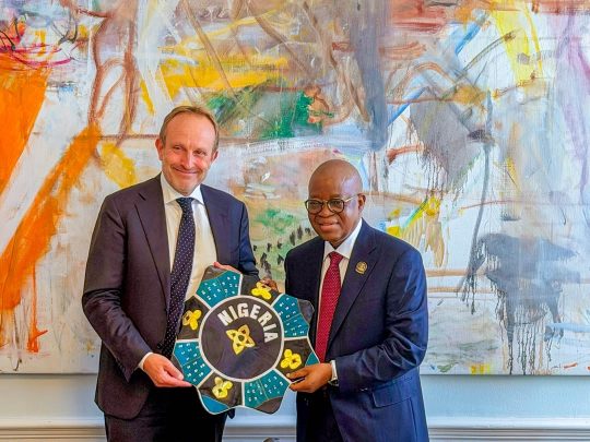 *CAPTION* Nigeria’s Minister of Marine and Blue Economy, Dr. Adegboyega Oyetola (right) with Denmark’s Minister for Business and Competitiveness, Martin Lidegaard, during a bilateral meeting in Copenhagen, Denmark, on Monday.