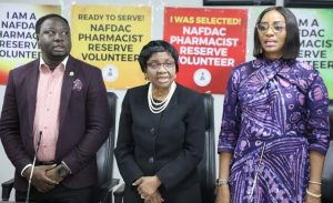 L-R: Director, Investigation an Enforcement, National Agency for Food and Drug Administration and Control NAFDAC, Mr. Martin Iluyomade, Director General, NAFDAC, Prof Mojisola Adeyeye, and Director, Narcotics and Controlled Substances, Dr (Mrs) Ramatu Momodu at the inauguration of 600 pharmacists into a new initiative - Pharmacists Reserve Volunteer Programme in Lagos... on Friday