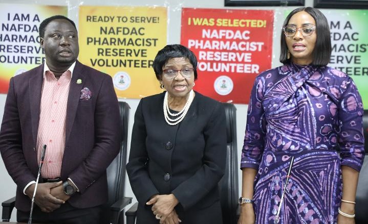 L-R: Director, Investigation an Enforcement, National Agency for Food and Drug Administration and Control NAFDAC, Mr. Martin Iluyomade, Director General, NAFDAC, Prof Mojisola Adeyeye, and Director, Narcotics and Controlled Substances, Dr (Mrs) Ramatu Momodu at the inauguration of 600 pharmacists into a new initiative - Pharmacists Reserve Volunteer Programme in Lagos... on Friday