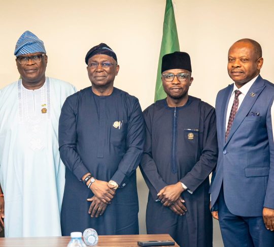 L-R, Board Chairman, Maritime Academy of Nigeria, MAN, Oron, Engr. Kehinde Akinola; Director General/CEO, Nigerian Maritime Administration and Safety Agency, NIMASA, Dr. Dayo Mobereola; Executive Director, Maritime Labour and Cabotage Services, NIMASA, Mr Jibril Abba and Ag. Rector MAN, Oron, Dr Kelvin Okonna during a working visit by the management of MAN Oron to the NIMASA headquarters in Lagos