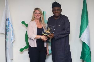Executive Director, Operations, Nigerian Maritime Administration and Safety Agency, NIMASA; Engr. Fatai Taiye Adeyemi; (Right) making a presentation to the Chief Executive Officer, Maritime Anti-Corruption Network (MACN); Cecelia Torbrand; when MACN paid a courtesy visit to the Executive Management of NIMASA at the Agency’s headquarters in Lagos.