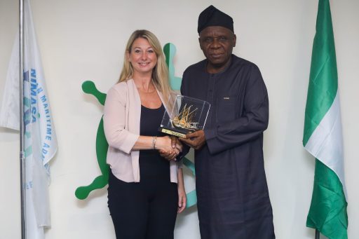 Executive Director, Operations, Nigerian Maritime Administration and Safety Agency, NIMASA; Engr. Fatai Taiye Adeyemi; (Right) making a presentation to the Chief Executive Officer, Maritime Anti-Corruption Network (MACN); Cecelia Torbrand; when MACN paid a courtesy visit to the Executive Management of NIMASA at the Agency’s headquarters in Lagos.