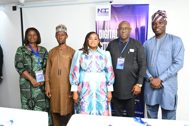 L -R: Dr. Adekola Oluwafunmilayo, Director, Monitoring Orientation and Evaluation, Lagos Stat Office for Disability Affairs, LASODA; Mr. Akeem Olayiwola, Assistant Director, Lagos State Ministry of Innovation Science and Technology (MIST); Ms Helen Obi, Director, Digital Economy, Nigerian Communications Commission, (NCC); Mr. Michael Idah, Country Program Manager, Christian Blind Mission, (CBM), Nigeria Country Office Abuja; Mr. Lateef Alani, Director, Head of Unit E-Government, Project Management Office, Lagos State Ministry of Innovation Science and Technology (MIST), during the Digital Citizenship for Persons with Disabilities, on 9 -10 September 2026 at the Cordis Hotel, Ikeja Lagos