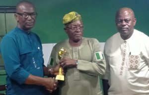 Dr. Rafiu Olalere Ladipo, flanked to the left by President of CONMMEP, Udo Onyeka and to the right by the Vice-President of CONMMEP, Femi Okonofua"