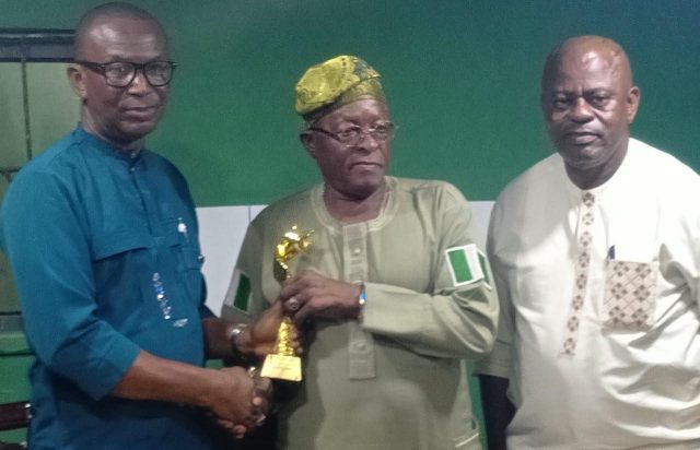 Dr. Rafiu Olalere Ladipo, flanked to the left by President of CONMMEP, Udo Onyeka and to the right by the Vice-President of CONMMEP, Femi Okonofua"