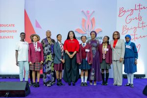(L-R) Founder, Aruwa Capital Management, Adesuwa Okunbo-Rhodes; Group Managing Director/CEO, Zenith Bank Plc, Dame Dr. Adaora Umeoji, OON; The Queen Consort of Warri Kingdom, Her Majesty, Olori Atuwatse III ; and Executive Director, Zenith Bank Plc, Mrs. Adobi Nwapa, with girls from selected schools in Lagos during the maiden edition of the Zenith Bank Girl-Child Empowerment Programme held at the Civic Centre, Victoria Island, Lagos, on Monday.