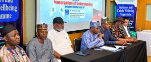 L-R: Hamani Amadou, Inspector, International Transport Workers' Federation, ITF; Ibrahim Sidi Umar, Director, Maritime Labour Services, Nigerian Maritime Administration and Safety Agency, NIMASA; Comrade Francis Bunu, President-General, Maritime Workers Union of Nigeria, MWUN); Jibril Abba, Executive Director, Maritime Labour and Cabotage Services NIMASA; Safiyanu Dauda Mohammed, ITF Africa Regional Secretary; Chief Engr. Bob Joseph Yousuo, National President, Nigerian Merchant Navy Officers and Water Transport Senior Staff Association; Dr Asif Altaf, Wellbeing Coordinator, ITF, during the endorsement of the MoU on Promotion of mental health and wellbeing of Nigerian seafarers.
