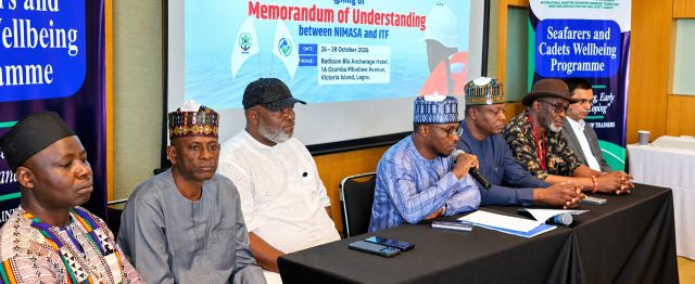 L-R: Hamani Amadou, Inspector, International Transport Workers' Federation, ITF; Ibrahim Sidi Umar, Director, Maritime Labour Services, Nigerian Maritime Administration and Safety Agency, NIMASA; Comrade Francis Bunu, President-General, Maritime Workers Union of Nigeria, MWUN); Jibril Abba, Executive Director, Maritime Labour and Cabotage Services NIMASA; Safiyanu Dauda Mohammed, ITF Africa Regional Secretary; Chief Engr. Bob Joseph Yousuo, National President, Nigerian Merchant Navy Officers and Water Transport Senior Staff Association; Dr Asif Altaf, Wellbeing Coordinator, ITF, during the endorsement of the MoU on Promotion of mental health and wellbeing of Nigerian seafarers.